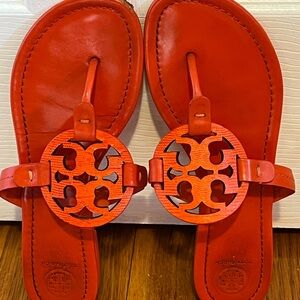 Tory Burch Coral Leather Sandal Straps with Logo Stamp